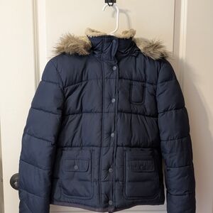 Aeropostale Navy Puffer Jacket with Faux Fur Trim
